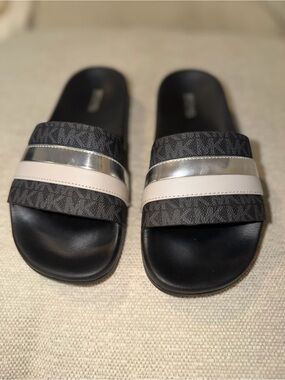 Michael Kors Black Logo-Print Slide Sandals with Silver and Pale Pink Straps